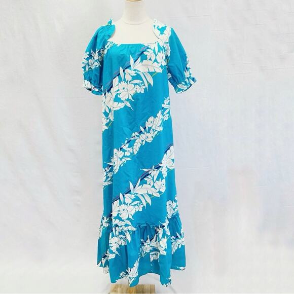 Malihini Hawaii vintage turquoise floral print maxi dress caftan mumu size large - Picture 1 of 16